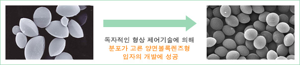 독자적인 형상 제어기술에 의해 분포가 고른 양면볼록렌즈형 입자의 개발에 성공